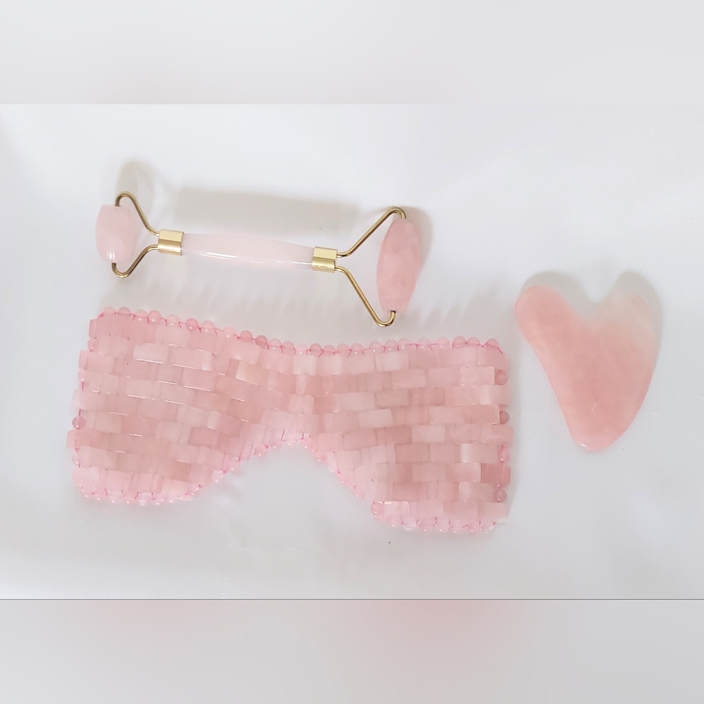 Rose Quartz Eye Mask, Roller Gua Sha Stone Beauty Set